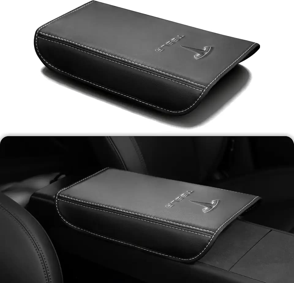 Center Console Armrest Cover for Tesla Model Y 2020-2026 / Model 3 2019-2025, Soft Embossed Armrest Protector Armrest Box Cushion Non-Slip Leather with Logo, Black Accessories for Tesla