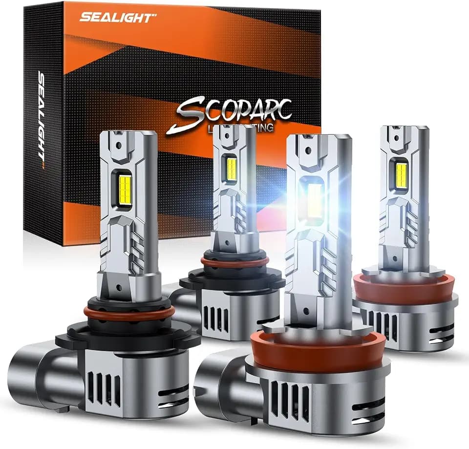SEALIGHT S2S 9005/HB3 H11/H8/H9/H16 Light Bulbs Combo, 160,000LM Super Brighter, 6500K Pure White 9005 H11 Fog Bulbs with 25000RPM Cooling Fan, 80K+ Hours Lifespan, 4-Pack for Cars/Trucks/SUVs