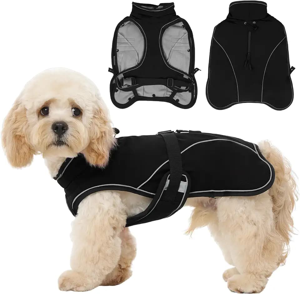 Hundemantel Winter Wasserdicht, Warme Zweiteilige Hundejacke mit Fleecefutter, Winddichte Hundemantel für Kleine & Große Hunde, Weiche Winterjacke Hund für Kaltes Wetter, Schwarz M