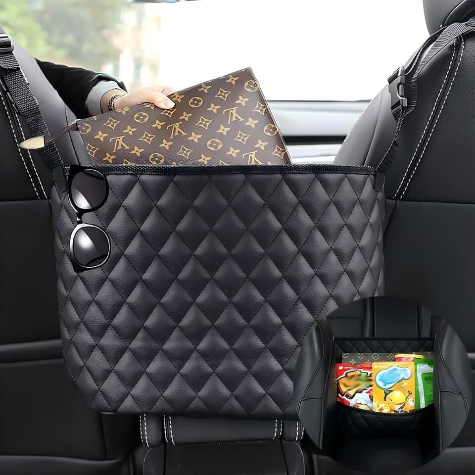Car Net Pocket Handbag Holder，Purse Holder for Between Seats，Leather Seat Back Organizer Mesh Large Capacity Bag，Handbag Between The Two Seats