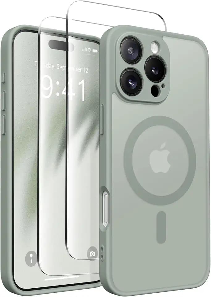 CAPRARO Magnetisch Kompatibel mit iPhone 16 Pro Max Hülle,Verbessert[Vollständiger Schutz der Kamera] [Kompatibel mit MagSafe] Schützende Transluzente Matte Frauen Handyhülle Abdeckung, Grau Grün