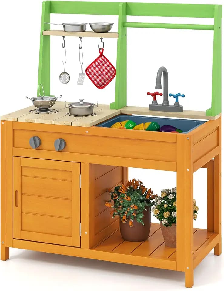 FANTASK Matschküche Holz Outdoor, Spielküche mit Zubehör, Kinderküche mit realistischen Herden & Wasserhahn & Spüle & Ofen, Gartenküche für Kinder ab 3 Jahren