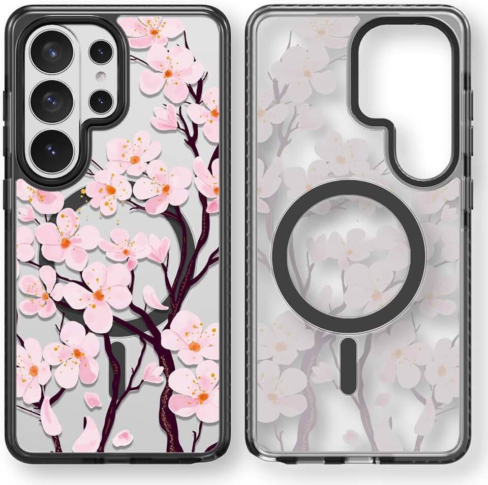Rosarnnah for Samsung Galaxy S26 Ultra Case Aesthetic Black, Cherry Blossom