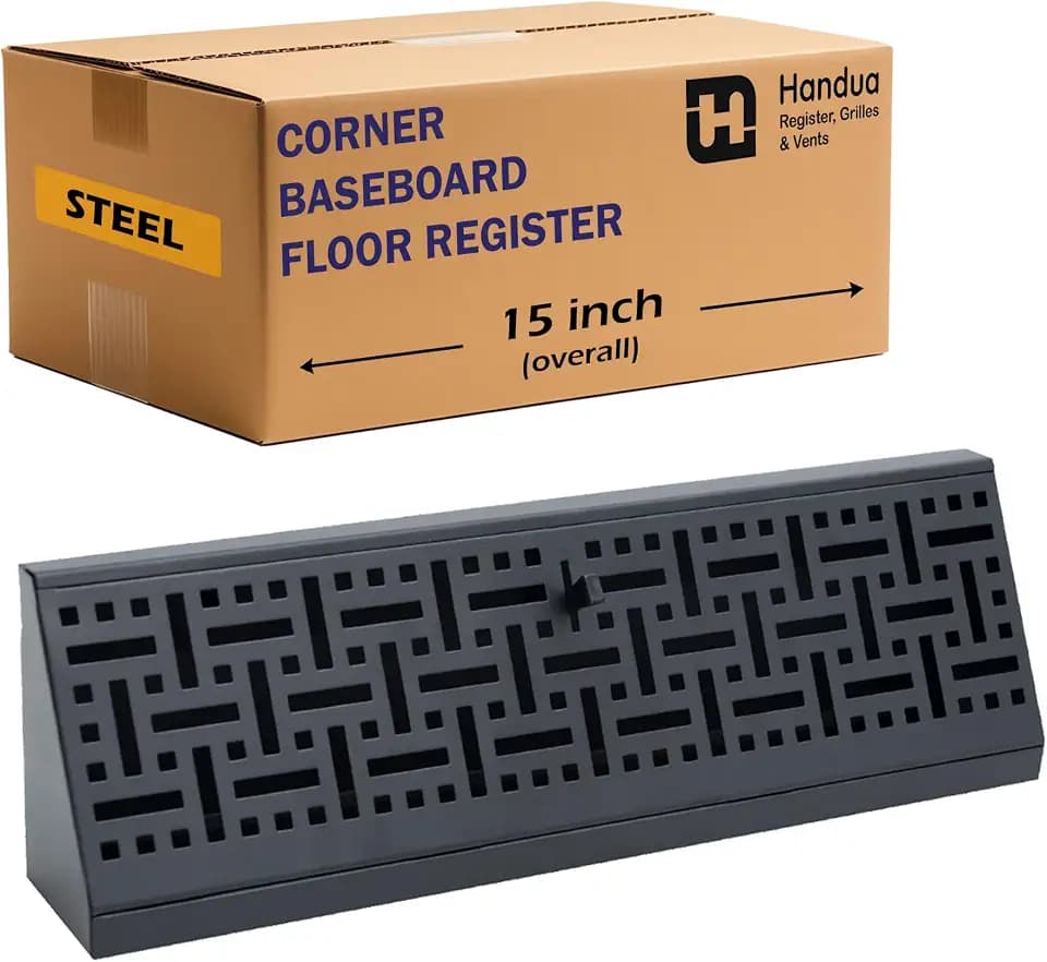Fits 15" Baseboard Space | Corner Baseboard Register by Handua | Decorative Design | 15" External Length Register Vent Cover Grill | Adjustable Lever for Air Flow Control | Black