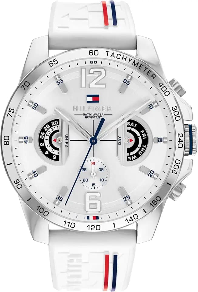 Tommy Hilfiger Analoge Multifunktionale Quarz-Uhr für Herren mit Silikon-, Edelstahl- oder Lederarmband, Unterzifferblätter für Tag und Datum, Wasserdicht bis 5ATM.