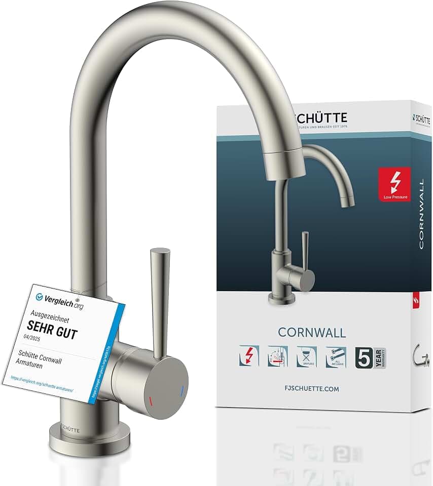 SCHÜTTE 79129 CORNWALL Küchenarmatur Niederdruck, Spültischarmatur mit hohem Auslauf, Einhebelmischer, energiesparend, 360 ° schwenkbar, Wasserhahn Küche, Armatur Spüle, Edelstahl