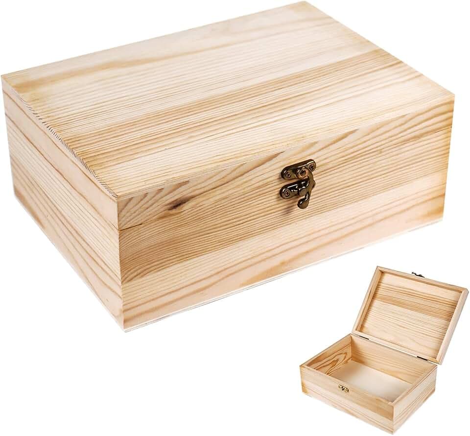 Unfinished Wood Box with Hinged Lid 1 Pack 10.6" x 7.6" x 4.3"