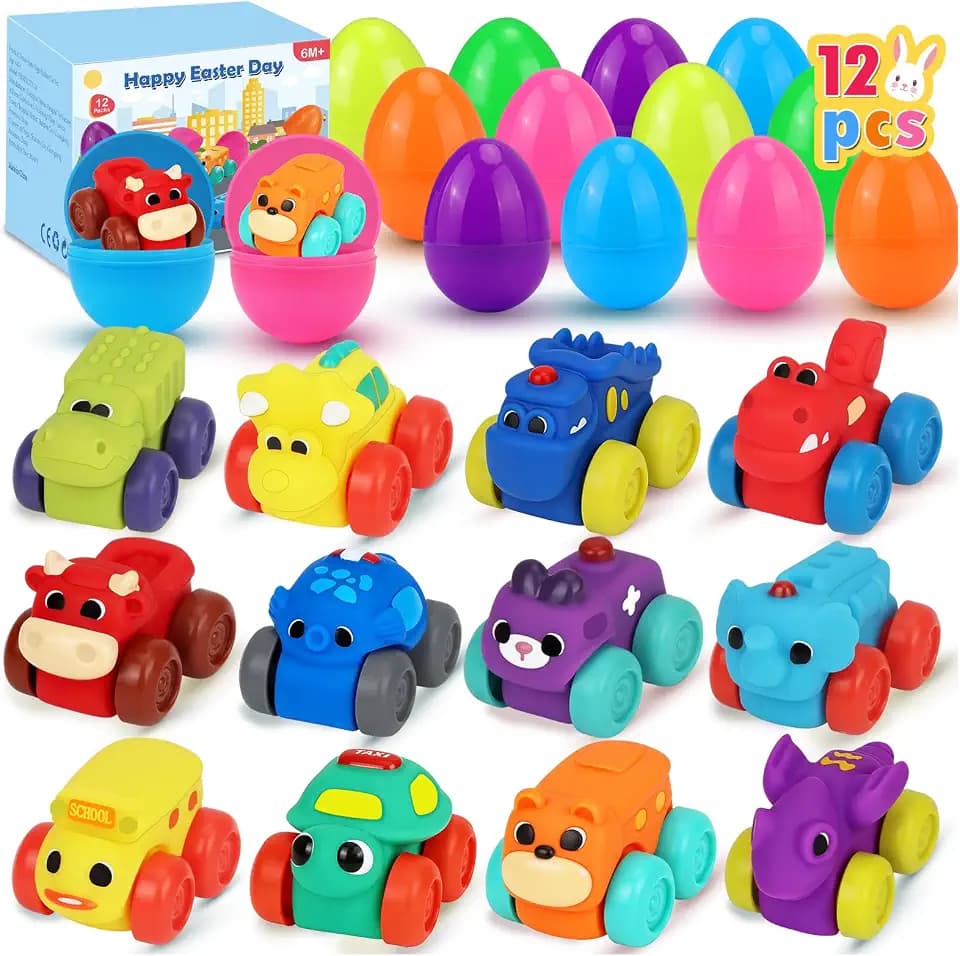 Prefilled Easter Eggs with Toy Cars: 12Pcs Easter Basket Stuffers for Kids