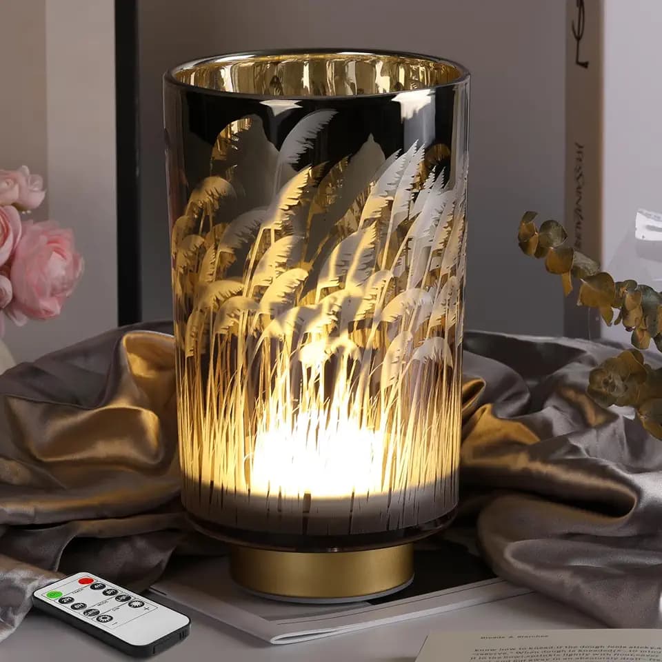 Eywamage Battery Operated Table Lamp with Remote, Pampas Cordless Glass Accent Lamp Lights for Bedroom Living Room Kitchen