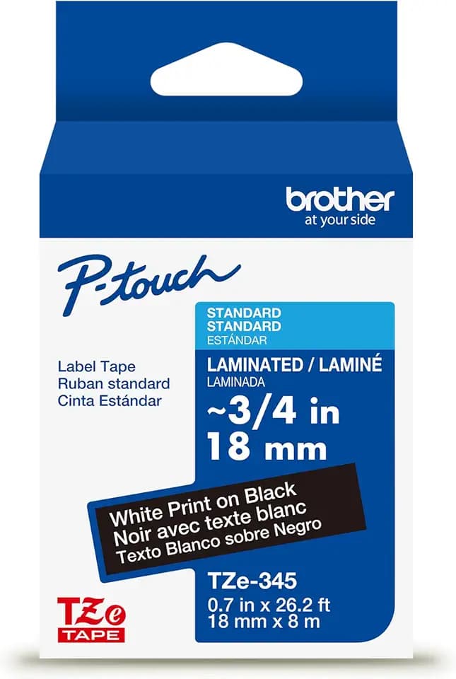 Brother Genuine P-Touch TZe White Print on Black Label Tape (TZe345), Laminated,3/4in x 26.2ft (18mm x 8m), for Select P-Touch Label Makers, Durable, Water-Resistant, Indoor/Outdoor Use