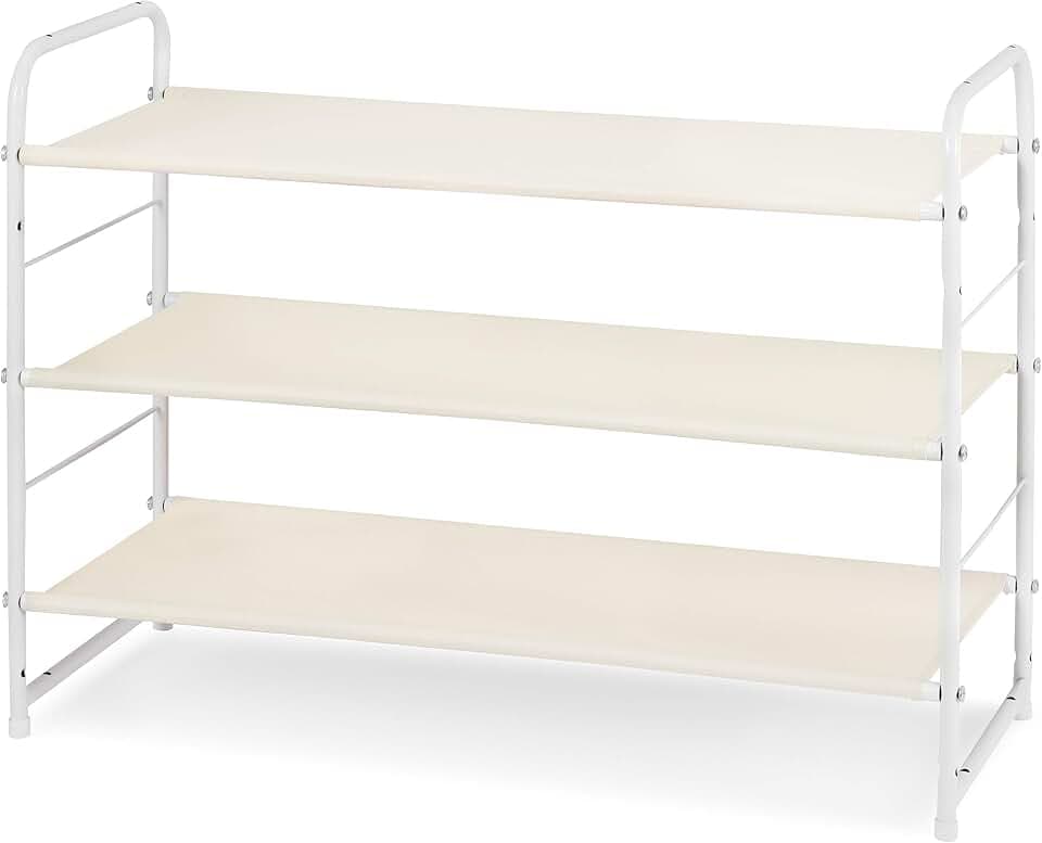 Simple Trending 3-Tier Stackable Shoe Rack, Expandable & Adjustable Fabric Shoe Shelf Storage Organizer, White