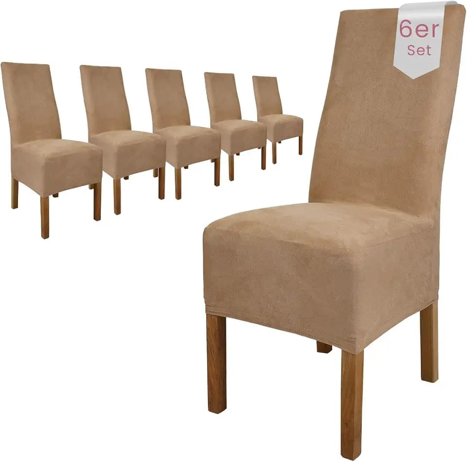 Scheffler Home Stuhlhussen Beige 6er Set Velours Stretch Leon