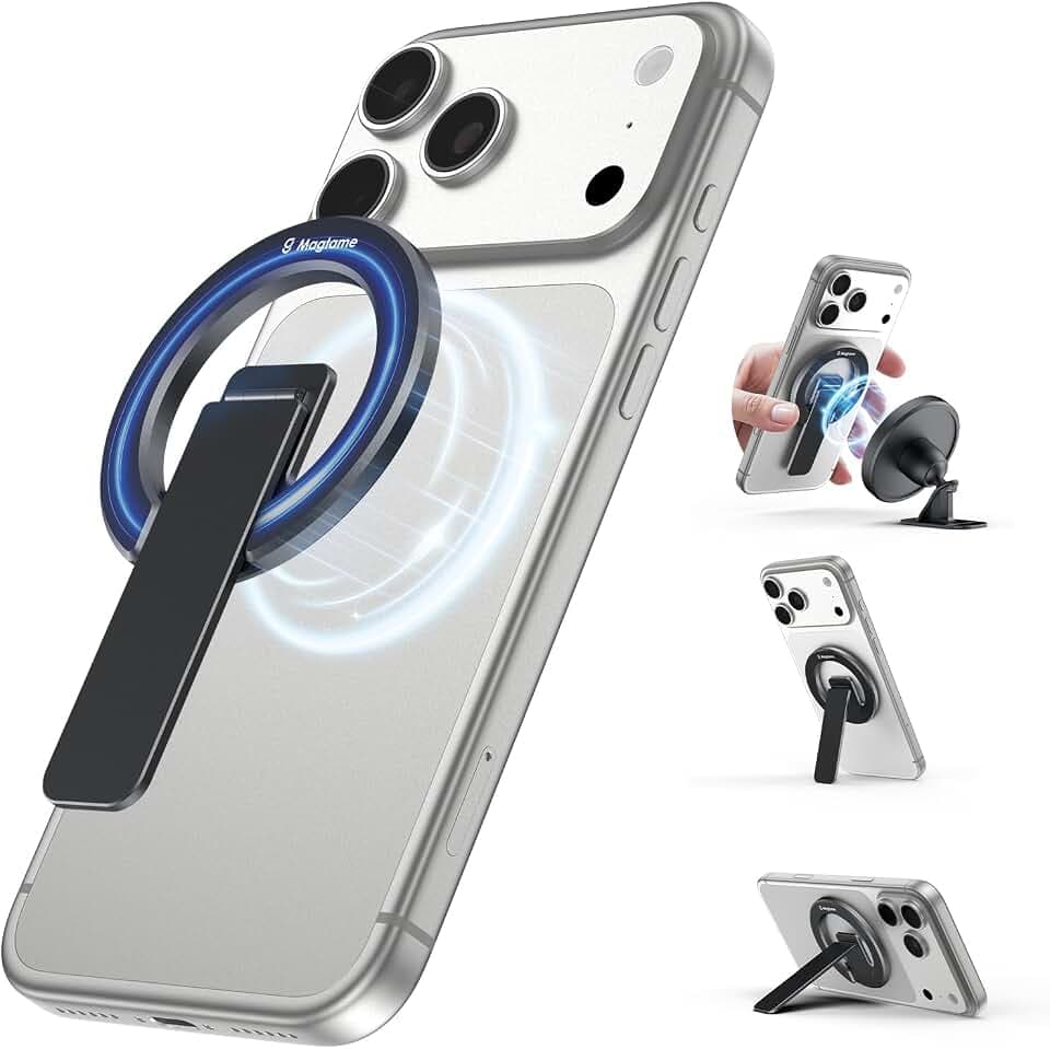 Magtame Magnetisches Telefon Ständer Griff, doppelseitige Starke Magnetisches Schreibtisch Halter für Mag & Safe und Smartphone, Klappbarer Verstellbarer Kickstand Schwarz
