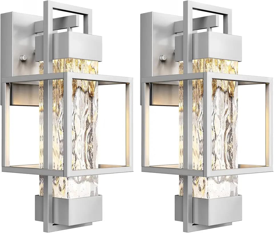 PARTPHONER Modern Outdoor Light Fixtures Dusk to Dawn Outdoor Lighting 2 Pack, 15" Exterior Wall Sconce Waterproof Outside Porch Light for House with Water Glass for Garage Doorway Silver