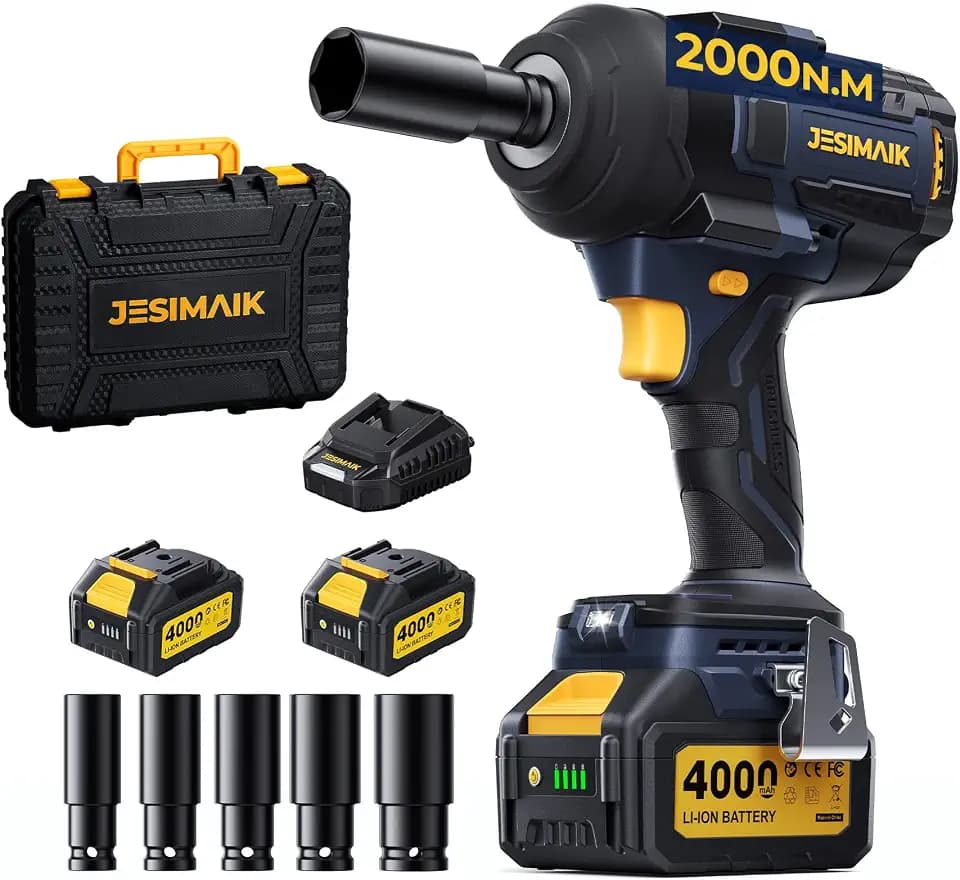 JESIMAIK Cordless Impact Wrench, 1475Ft-lbs (2000N.m) 1/2" Brushless High Torque Impact Wrench with 2×4.0Ah Batteries, Impact Gun with 4 Impact Modes & 5 Sockets for Truck RV Car Heavy Construction