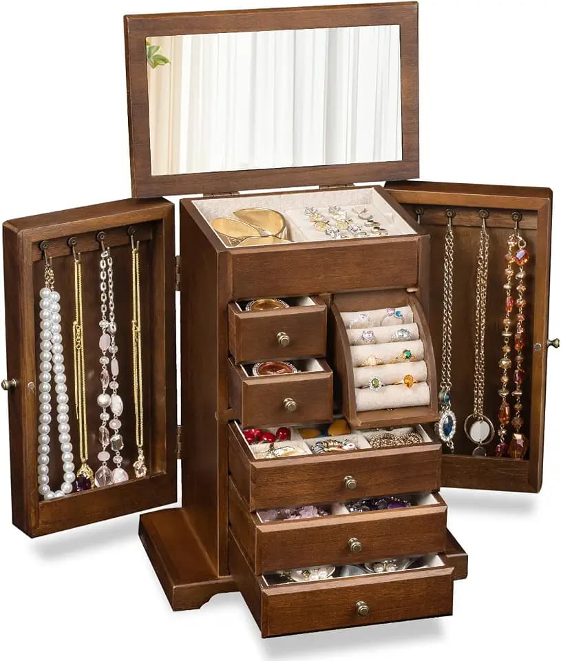 Jewelry Box for Women, Rustic Wooden Jewelry Boxes & Organizers with Mirror & Drawers,6 Layer Jewelry Organizer Box for Rings Earrings Necklaces Bracelets ((Walnut)