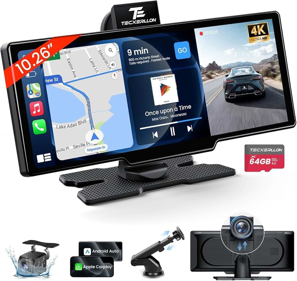 10,26 Zoll Wireless Carplay & Android Auto, Apple Car Play Display mit 4K Dashcam&1080P Rückkamera, Android Auto Display mit GPS Navigation, Mirror Link AUX FM 64G TF