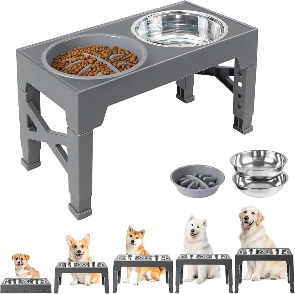 Erhöhte Hundenäpfe 5 Höhen verstellbar (8cm,22cm,25cm,28cm,31cm), mit 2 Edelstahlschüsseln und 1 Slow Feeder-Schüssel für kleine, mittelgroße und große Hunde, Rutschfester Hundenapf, BPA frei Plastik