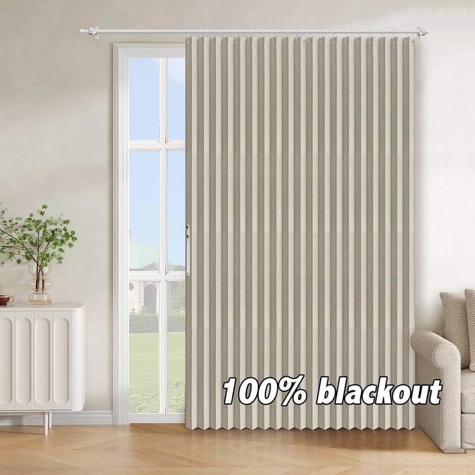 AJAZZ Blackout Accordion Door Curtain 1 Panel 98"x78" Cream White - Magnetic Folding Room Divider, No-Drill Sliding Patio Closet
