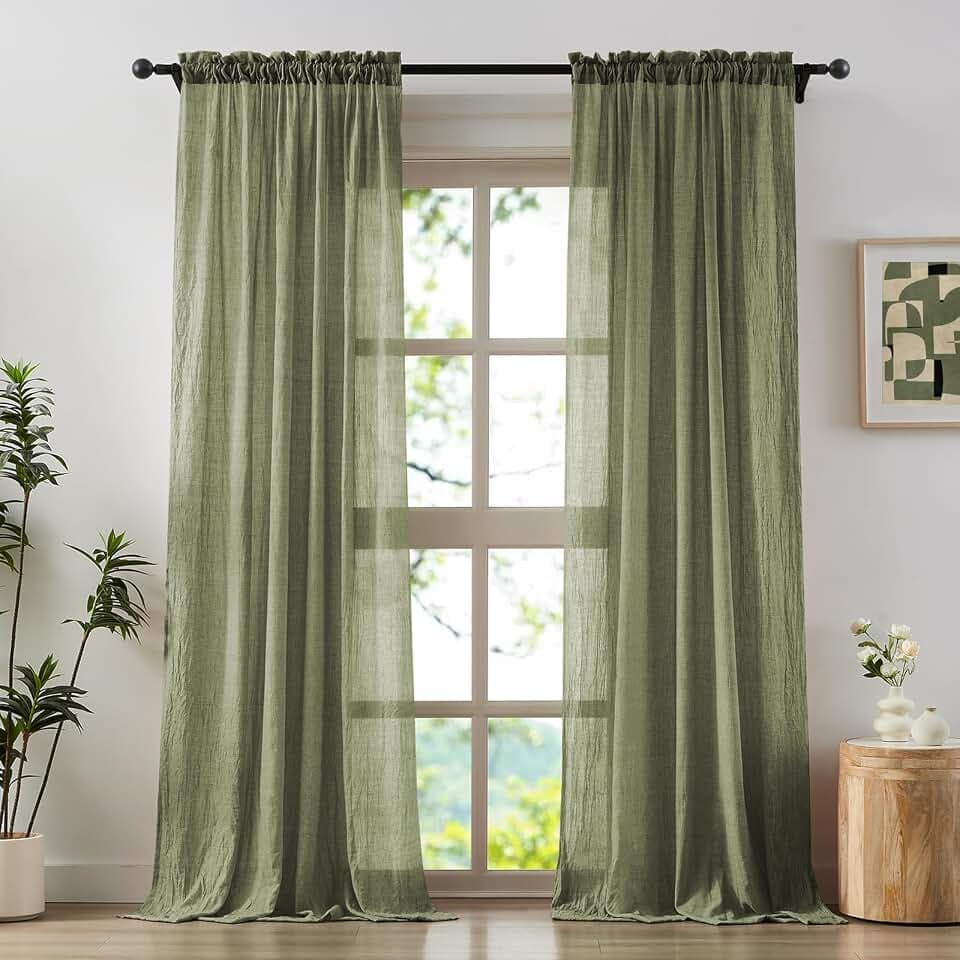 Anpark Sage Green Sheer Curtains 108 Inches Long for Living Room Patio Door, Elegant Cotton Linen Textured Light Filtering Semi Sheer Drapes Rod Pocket Privacy Voile Curtains, W52 in, 2 Panels