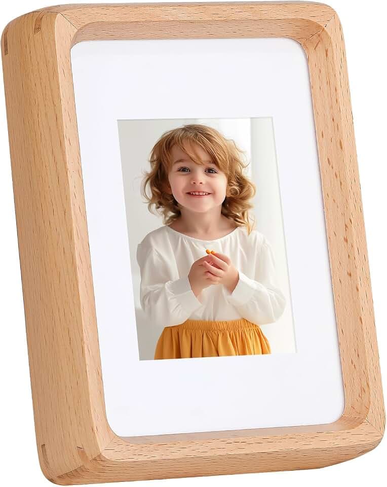 Bilderrahmen 5x3,5 Zoll, Fotorahmen 9x13 cm,Tisch-oder Wandmontage, für Fotos bis 9 x 13 cm und mit Passepartout für Fotos bis 5 x 7 cm, aus Buchenholz