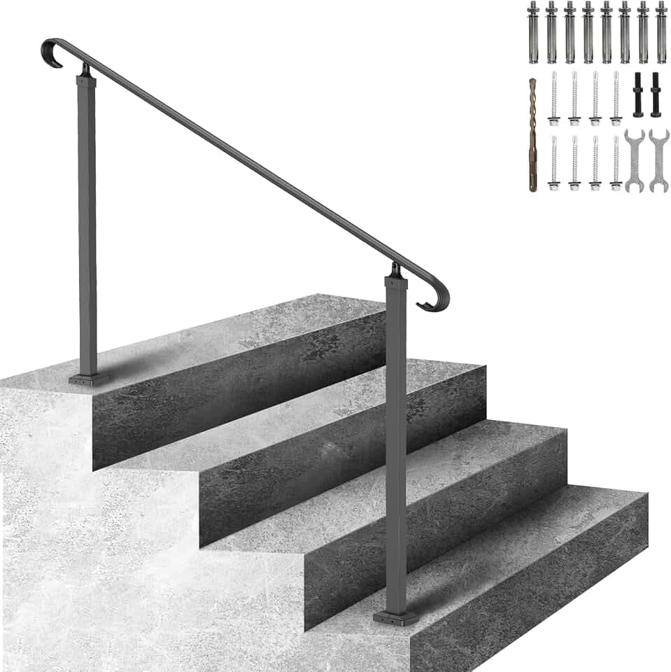 VEVOR Treppengeländer für den Außenbereich, 140 x 13,5 x 97 cm, Geländer aus Schmiedeeisen, Höhe und Winkel, verstellbar, Handlauf, für 3 Stufen, Treppengeländer, Schwarz, Eingang Garten
