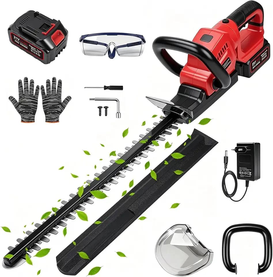 Heckenschere Akku, 21V 850W Elektrischer Heckenschneider mit 20 Zoll Klinge, 18 mm Zahnabstand, für Garten, Sträucher und Hecken, Sicherheitsdoppelschalter und 180° Drehbarem Griff (1 Akku)