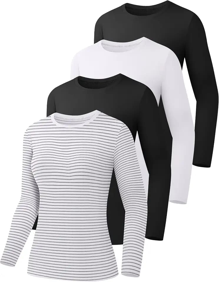 HOPLYNN 4 Pack Women's Long Sleeve Crew Neck Basic Fitted Shirts