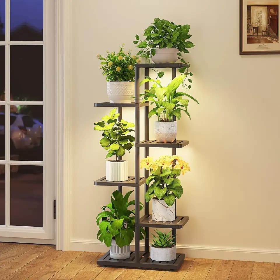 iDavosic.ly Plant Stand with Grow Light Indoor Outdoor, 5 Tier Tall, Black