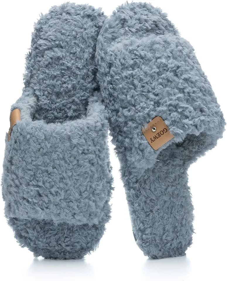 GOEWY Fuzzy Open Toe Slippers for Women Indoor with Comfy Memory Foam
