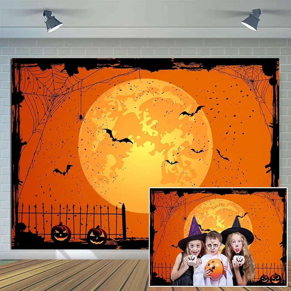 7x5ft Happy Halloween Orange Backdrop Halloween Eve BackdropHalloween Party Lantern Moon Bat Spider Web Graveyard Fence Photography Background Party Decorations