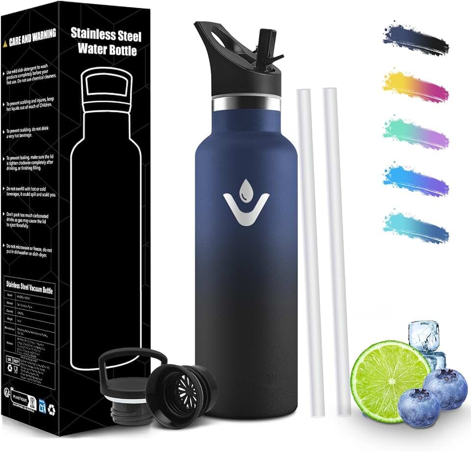 HoneyHolly Trinkflasche Edelstahl 500ML, BPA-Frei, Trinkflasche Kinder, Doppelwandig Vakuumisoliert, Wasserflasche, mit Strohhalm, 18/8 Edelstahl, Sportflasche für Schule, Reisen, Fitness