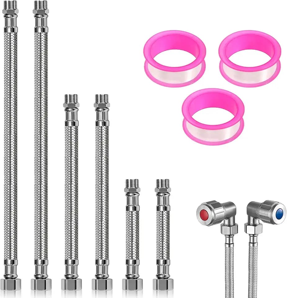 3/8 Zoll Edelstahl Flexschlauch Set, 6 Stück Flexibler Panzerschlauch(10cm 20cm 30cm), Wasserhahn Armaturenschlauch Verlängerung mit Dichtungsband für Wassererhitzer Wasserhahn Eckventil Bad WC