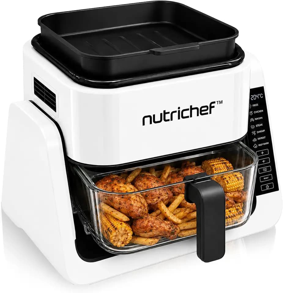 NutriChef Heißluftfritteuse 4L mit Grillfunktion 1500W Weiß – Airfryer ohne Öl mit Sichtfenster, 7 Programme, Glasbehälter für Familien
