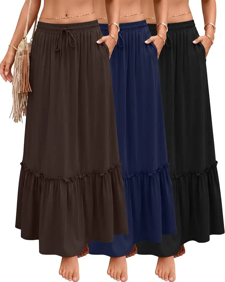 Ficerd 3er-Set Damen Boho Maxi-Röcke, Lange Stufenrock Rüschen, Hohe Taille mit Kordelzug, Lässiges Kleid mit Taschen