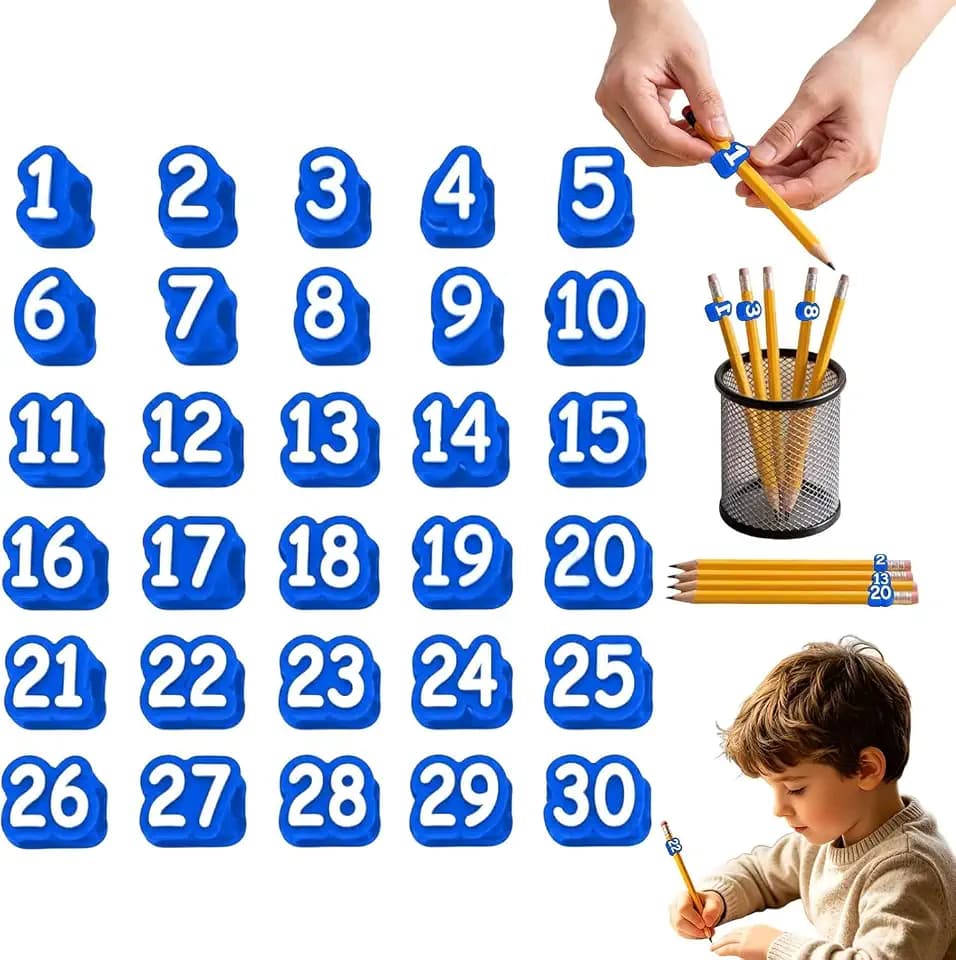 Number Pencil Toppers, Reusable Classroom Pencil Labels, Number Pencil Toppers for Classroom Organization And Supply Tracking Station (Numbers 1-30/Light Blue)