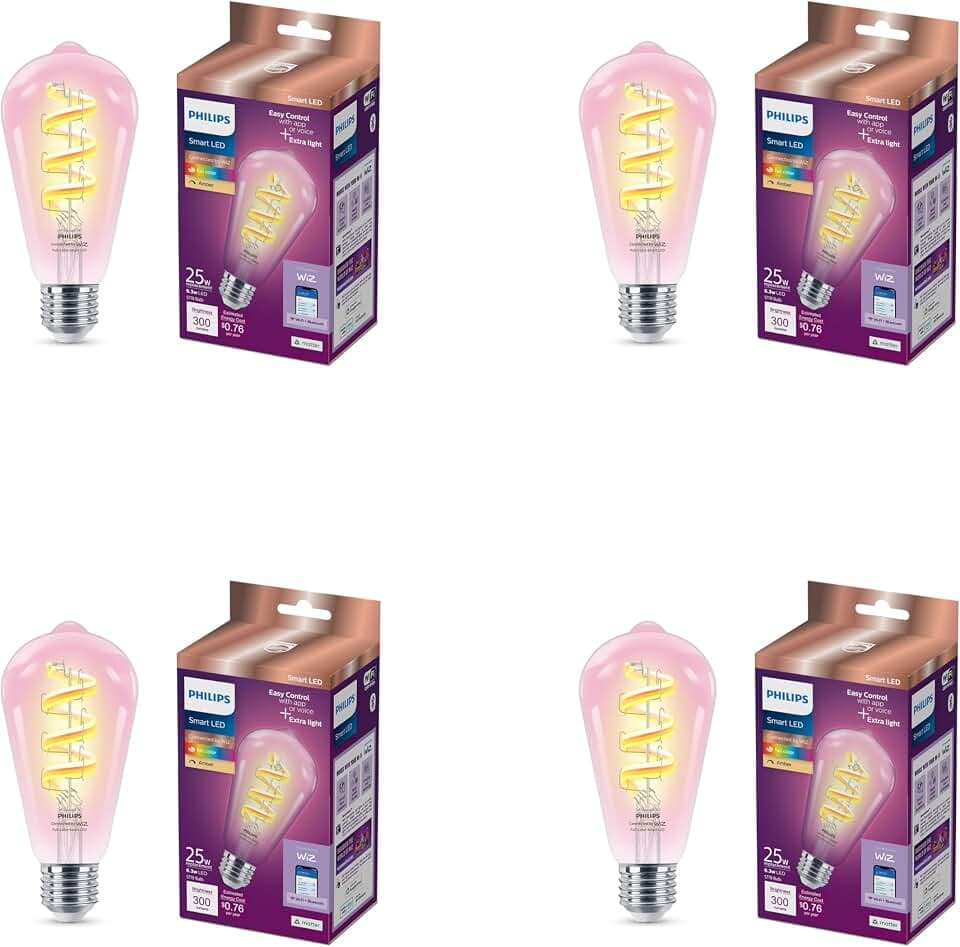 PHILIPS Smart Color ST19 Color Filament LED Smart Bulb 4-Pack -300 Lumen - E26 Indoor - Connects to Your Existing Wi-Fi - Control with Voice or App + Activate with Motion - Matter Compatible