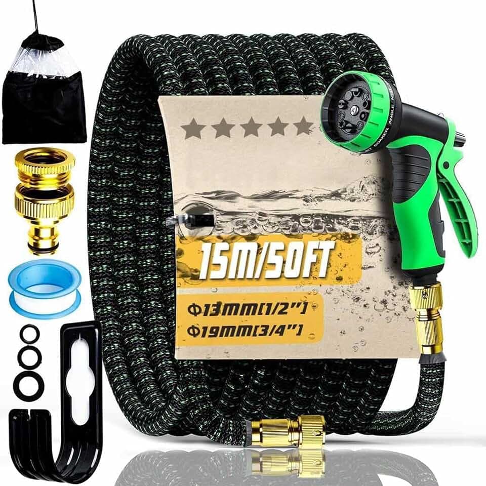 Gartenschlauch 50FT 15M, Strapazierfähiger 3 Lagiger Latex Wasserschlauch mit 3/4 Zoll und 1/2 Zoll Anschluss, Knickfrei und Auslaufsicher, 10-Funktions-Sprühdüse für Gartenbewässerung, Autowäsche