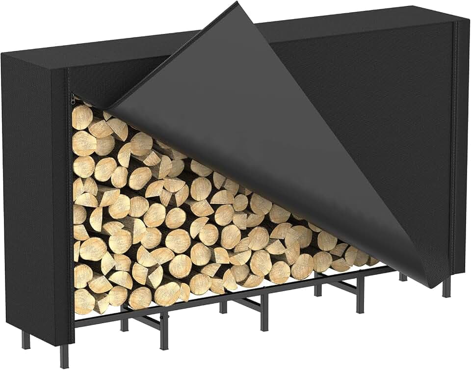 Kaminholzregal Außen mit Abdeckung 164,2×25,5×80 cm – Brennholzregal für Innen & Außen, Feuerholzständer für Kaminholz, Verstellbares Metall Holzregal mit Wasserdichter Oxford-Abdeckung – Schwarz