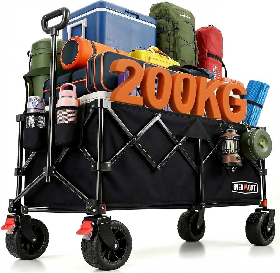 Overmont XXXL Bollerwagen Faltbar Extra Lang (118cm) - 270L 200KG Belastbar - Schwerlast Klappbarer Camping Wagen mit Großen All-Terrain Rädern - für Camping, Garten, Strand, Einkauf, Sport, Transport