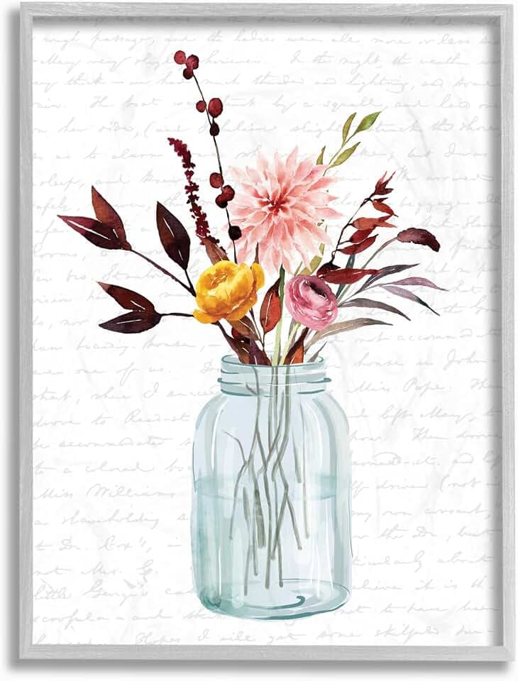 'Jar Of Flowers Autumn Red Fall Seasonal Design'| Framed Giclee Art