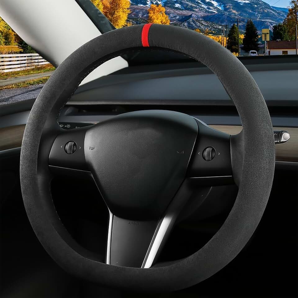 Suede Steering Wheel Cover for Tesla Model 3/Y, Anti Heat, Breathable, Anti-Slip,Leather Steering Wheel Cover 14-14 1/4 in (35.5-36 cm) (Black 02 with Red Mark)
