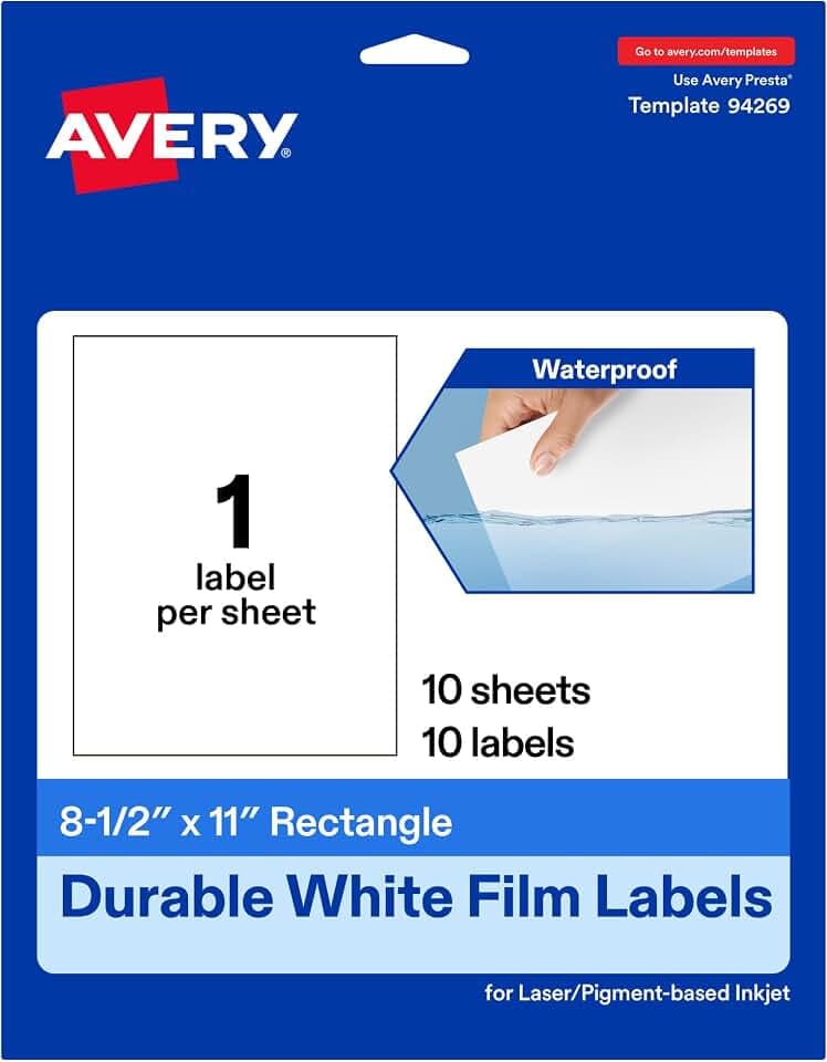 Avery Printable Durable White Rectangle Labels, 8.5" x 11", Waterproof Labels, Laser & Pigment-Based Inkjet Compatible, 10 Total, Great for Product Branding, Marketing, and More