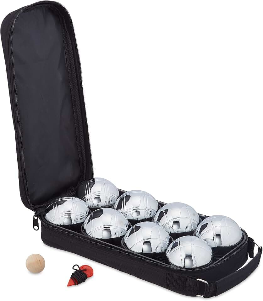 Relaxdays Boule Kugeln, 8 Metall Kugeln, Set mit Zielkugel & Abstandsmesser, Tragetasche, Boccia Spiel, Silber/schwarz