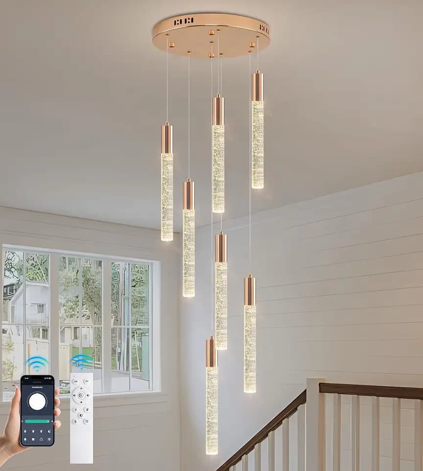 Modern High Ceiling Crystal Chandelier 7-Lights, Gold Spiral Dimmable LED Raindrop Foyer Pendant Lighting, Bubble Staircase Living Room Hanging Light Fixture Remote Control
