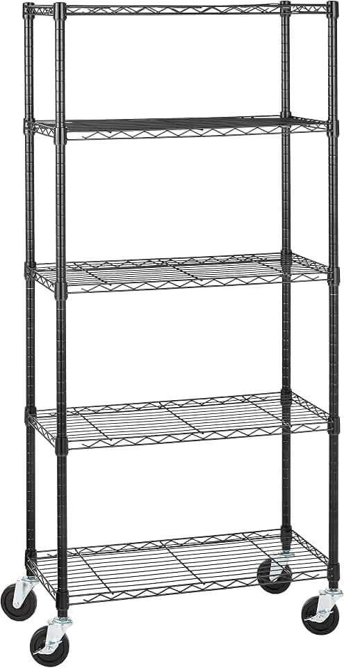 Amazon Basics Lagereinheit mit 5 Regalböden, auf 10,2 cm großen Rollen, mit höhenverstellbaren Einlegeböden und Nivellierfüßen, Maximalgewicht 680 kg, Schwarz, 35.6 x 76.2 x 162.2 cm (T x B x H)