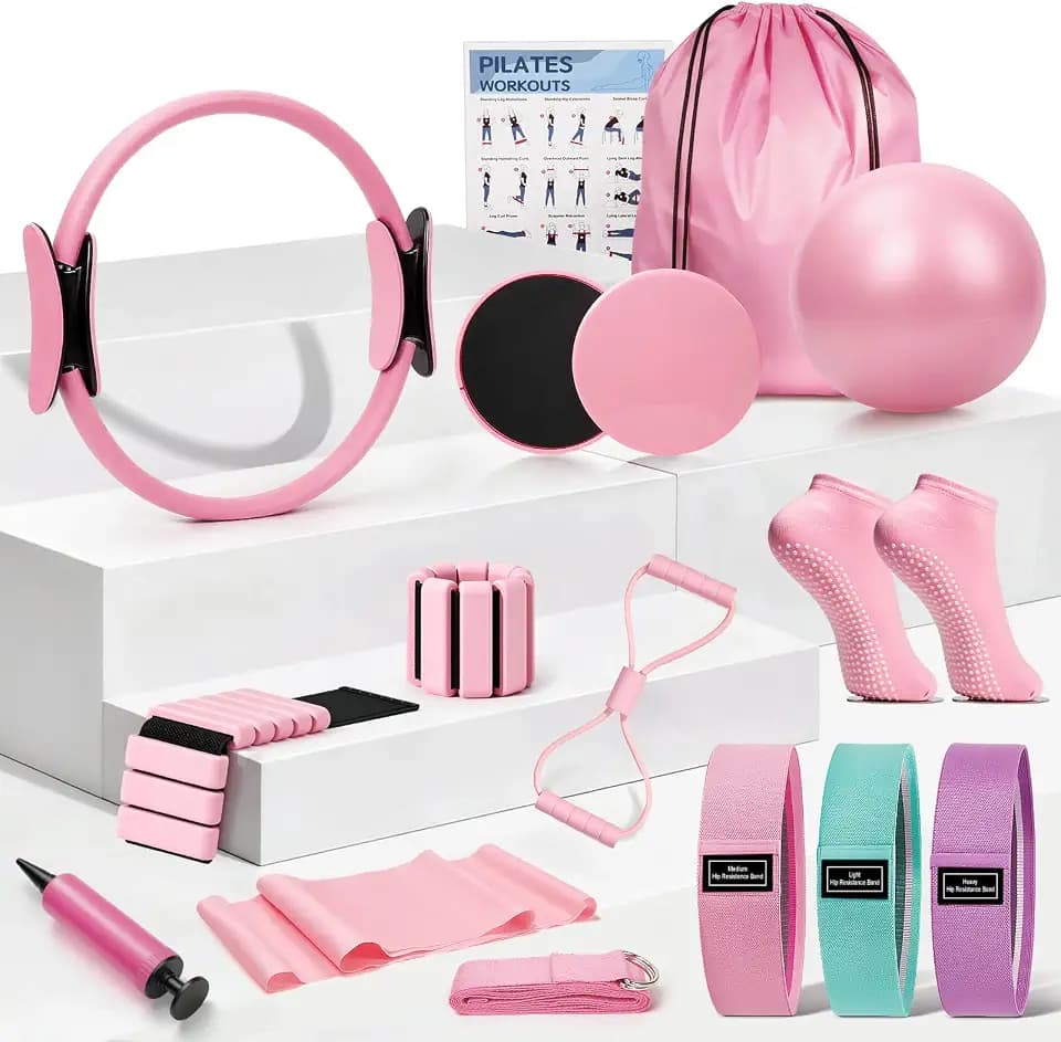 Pilates Equipment Set for Women – 21PCS Home Pilates Kit with Pilates Ring & Ball, Ankle & Wrist Weights, 4 Resistance Bands, Socks, Sliders, Storage Bag, Full Body Toning Pilates Set for Beginners