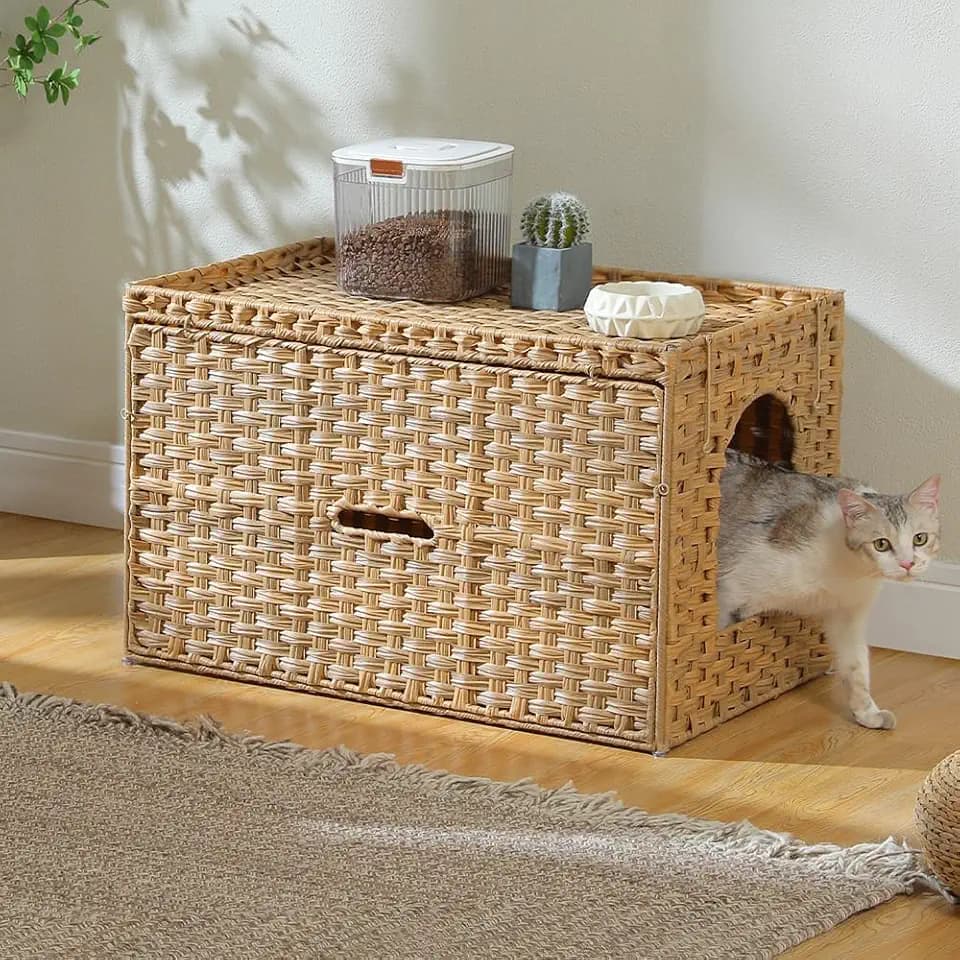MUTTROS Rattan Cat Litter Box Enclosure - Extra Large Hidden Litter Box Furniture by Handwoven Wicker with Taller Doorway & Raised Edge Mat-Cat House Cabinet for Large Cats Indoor Odor Control, Beige