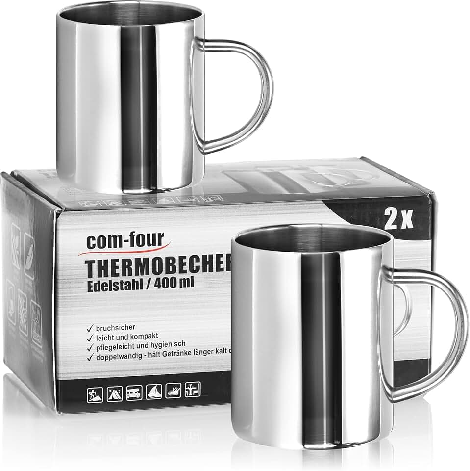 com-four® 2x Edelstahl Thermobecher, 400 ml je Becher, Isolierbecher