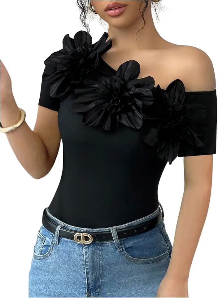 OYOANGLE Women's 3D Floral Off The Shoulder Tops Short Sleeve Dressy Shirts
